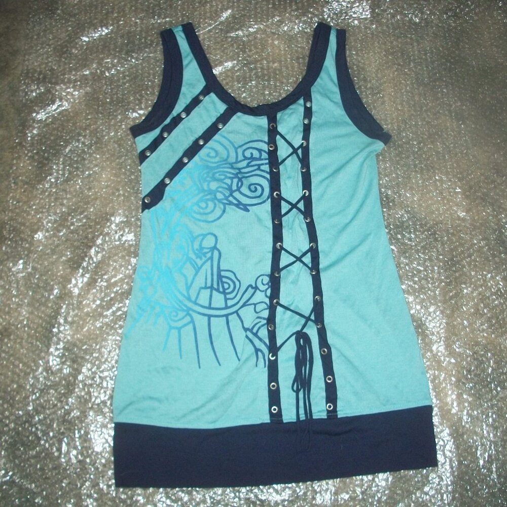 womens tank top.lace-up accents.blue.size Junior large